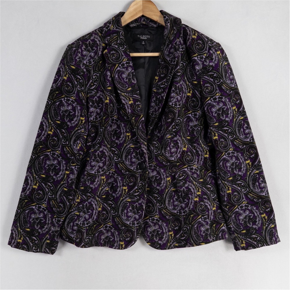 Talbots Blazer Jacket Women 10 Purple Paisley Corduroy One Button Stretch Casual